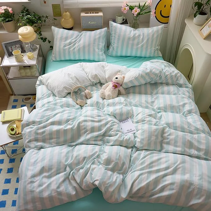 Top-Quality Sky Blue Striped King Duvet Cover Set Soft Boho King Comforter Cover Stripes Chic Aesthetic Farmhouse Duvet Cover with Hidden Zipper College Dorm Bedding Washed Microfiber Duvet Protector Refined