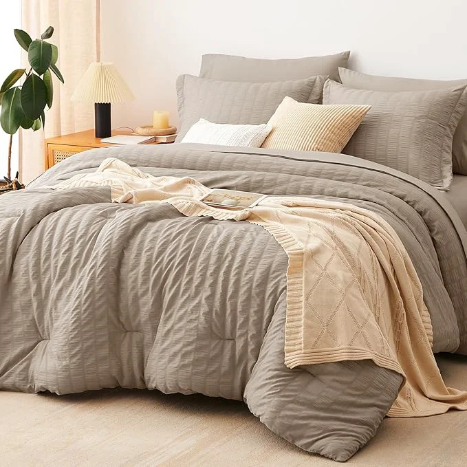 Natural CozyLux King Size Comforter Set Khaki Seersucker 7 Pieces Bed in a Bag King Comforter Set with Sheets Luxury Soft Bedding Sets with Down Comforter Sheets Pillowcases amp Shams All Seasons Classic