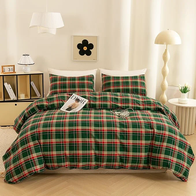 Authentic ECOCOTT Buffalo Plaid Duvet Cover Queen Size– 3 Piece Green Checkered Bedding Set Washed Cotton Soft Breathable Reversible Design with Zipper Closure amp Corner Ties Professional