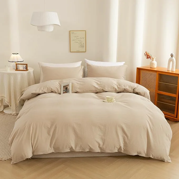 Smart ECOCOTT Washed Cotton Duvet Cover Super King Size – Soft amp Breathable Linen Feel Bedding Set 3 Pieces Khaki Comforter Cover with Zipper Closure for All Seasons Exclusive