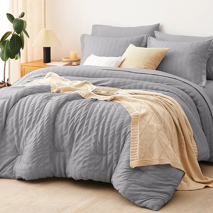 Exclusive CozyLux Full Size Comforter Sets with Sheets 7 Pieces Grey Seersucker Bed in a Bag Textured Luxury Soft Bedding Set with Down Comforter Sheets Pillowcases amp Shams for All Season Gray Quality