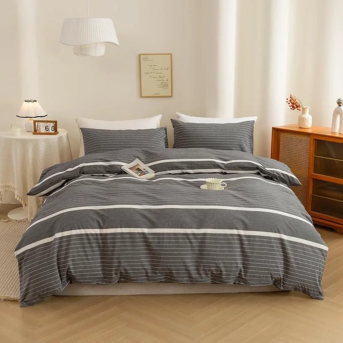 Advanced ECOCOTT 3 Pieces Duvet Cover Queen Size Washed Cotton 1 Duvet Cover with Zipper and 2 Pillowcases Ultra Soft and Easy Care Breathable Cozy Simple Style Bedding Set Grey Striped Safe