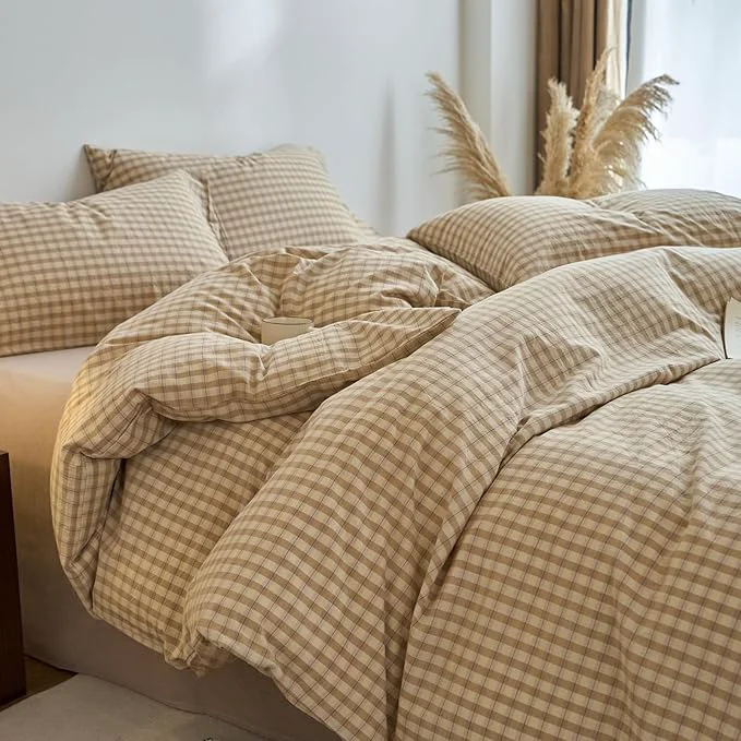 Exclusive Light Brown Gingham Queen Duvet Cover Set Tan Washed Cotton Queen Comforter Cover Soft Checkered Plaid Zipper Duvet Cover Set with Corner Ties Boho Teenage Bedding Set Farmhouse Duvet Protector Practical