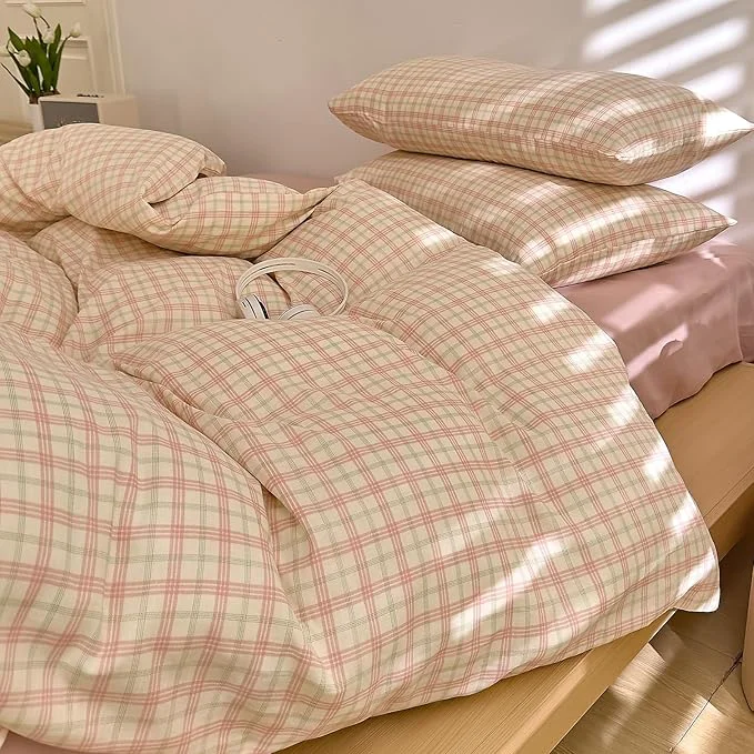 Classic Plaid Duvet Cover King Size Cotton Pink King Size Comforter Cover Double Gauze Soft Boho Zipper Duvet Cover Set with Corner Ties Reversible Girls Bedding Set Coquette Duvet Protector Quality