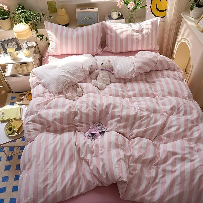 User-Friendly Peach Pink Striped Full Duvet Cover Set Boho Patterned Full Size Comforter Cover Farmhouse Aesthetic Preppy Cute Duvet Cover with Corner Ties Girls Bedding Set Washed Microfiber Duvet Protector Top-Quality