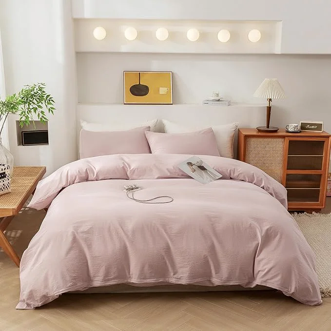 Powerful ECOCOTT Duvet Cover Queen Size – Washed Cotton Durable Soft Comfy Duvet Cover Set 3 Pieces Duvet Cover with Zipper Closure No Comforter Greyish Pink Eco-Friendly