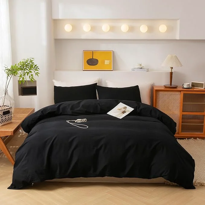 Original ECOCOTT 3 Pieces Duvet Cover Queen Size Washed Cotton 1 Duvet Cover with Zipper and 2 Pillowcases Ultra Soft and Easy Care Breathable Cozy Simple Style Bedding Set Black Queen Outstanding