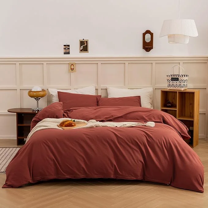 Versatile ECOCOTT Duvet Cover King Size – Linen Feel Organic Natural Washed Cotton Soft Breathable 3 Pieces Bedding Set with Zipper Closure Burnt Brick Red Prestigious