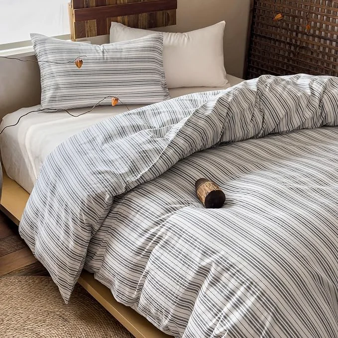High-Quality Striped Twin Duvet Cover Off White Washed Cotton Twin Comforter Cover Farmhouse Boho Soft Zipper Duvet Cover Set with 2 Pillowcases Grey Vertical Stripe Bedding Set Pattern Duvet Protector Consistent