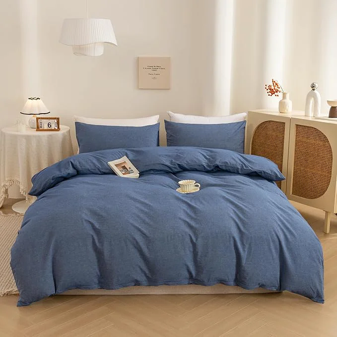 Detailed ECOCOTT Denim Blue Duvet Cover Queen Size Washed Cotton 1 Duvet Cover with Zipper and 2 Pillowcases Ultra Soft and Easy Care Breathable Cozy Bedding Set Denim Blue Queen Minimalist