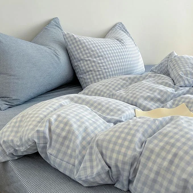 Authentic Blue Gingham Duvet Cover Queen Size Washed Cotton Boho Queen Comforter Cover Cute Soft Plaid Chic Duvet Cover Set with Hidden Zipper Coquette Farmhouse Bedding Set Aesthetic Duvet Protector Sustainable