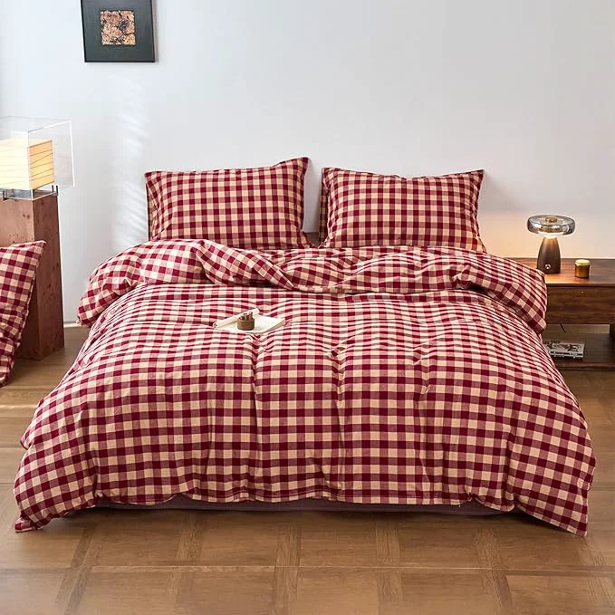 Prestigious Checkered Twin Duvets Covers Red Washed Cotton Twin Comforter Cover Gingham Soft Boho Zipper Duvet Cover Set with 2 Pillow Cases Buffalo Plaid Girls Bedding Set Pattern Duvet Protector Functional