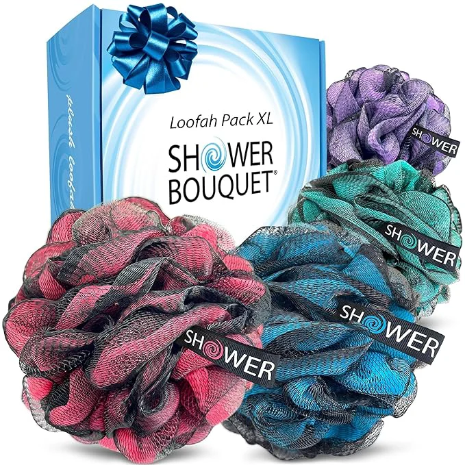 Official SHOWER BOUQUET Loofah-Charcoal Bath-Sponge XL-Color-4-Pack Extra Large 75g Organic