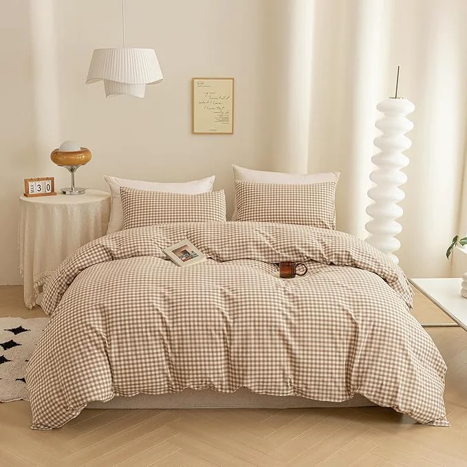 Classic ECOCOTT Gingham Duvet Cover Queen Size Washed Cotton Like Linen Feel Super Soft amp Comfy Bedding Set Modern Checkered Design for All Seasons Optimized