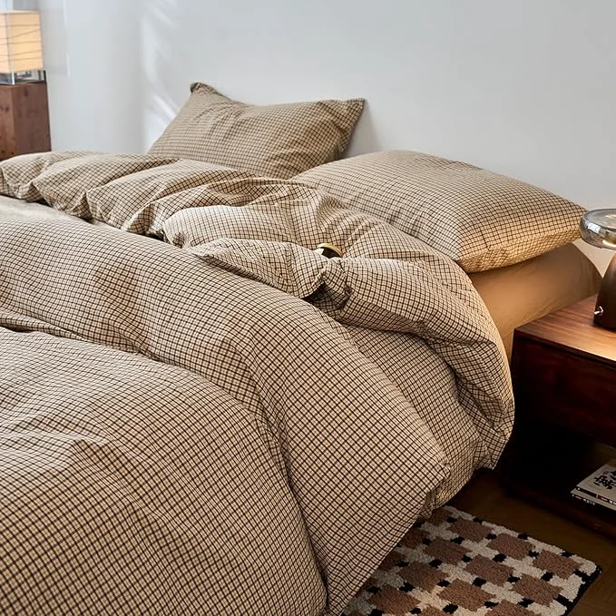 Practical Gingham Duvet Twin Cover Beige Boho Comforter Cover Twin Size Washed Cotton Plaid Checkered Farmhouse Duvet Cover Set with Hidden Zipper Neutral Teen Bedding Set Soft Duvet Protector Dependable