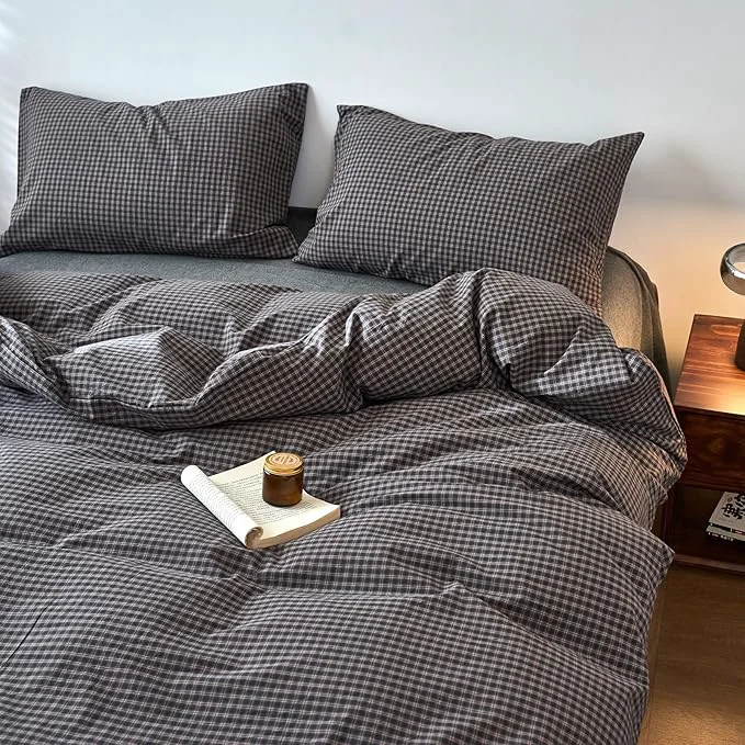 Authentic Gingham Twin XL Duvet Cover Grey Washed Cotton Twin XL Comforter Cover Plaid Checkered Pattern Vintage Duvet Cover Set with Hidden Zipper Farmhouse Boho Bedding Set for Adults Duvet Protector Lightweight