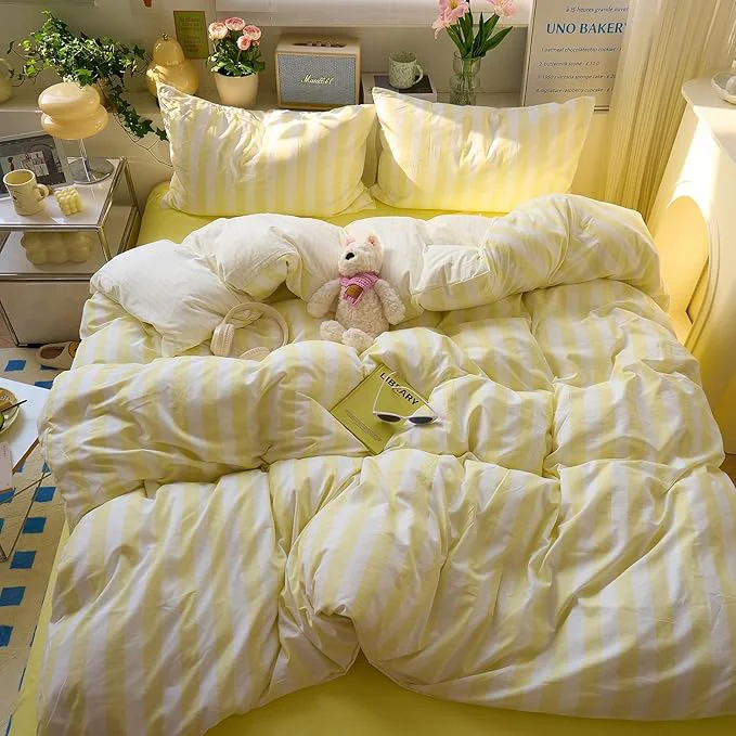 Enhanced Yellow Striped Queen Duvet Cover Set Cute Soft Comforter Cover Queen Boho Chic Washed Microfiber Farmhouse Duvet Cover Set with Corner Ties College Dorm Bedding Set for Girls Duvet Protector Premium Material