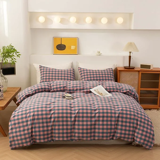 Flexible ECOCOTT Duvet Cover California King Size Washed Cotton Linen-Like Soft amp Breathable Durable Comfy Bedding Set for All Seasons Purple Pink Plaid Eco-Friendly