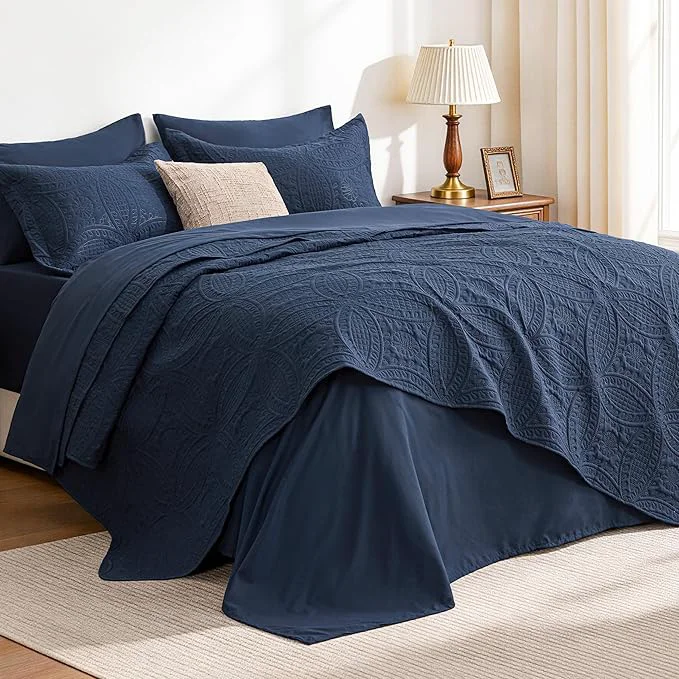 Selected Love 39 s cabin King Quilt Set Navy Bed in a Bag King Size Bedding 7 Pieces Ultrasonic Embossed Coin Pattern Comforter Lightweight Bedspreads for All Seasons Quilt with Sheets Pillowcases amp Shams Stylish