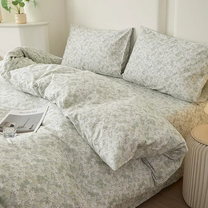 Versatile VM VOUGEMARKET Vintage Green Flower Duvet Cover Set Queen Fresh Botanical Bedding Set Cotton Reversible Vintage Comforter Cover with Zipper amp Ties Trendy