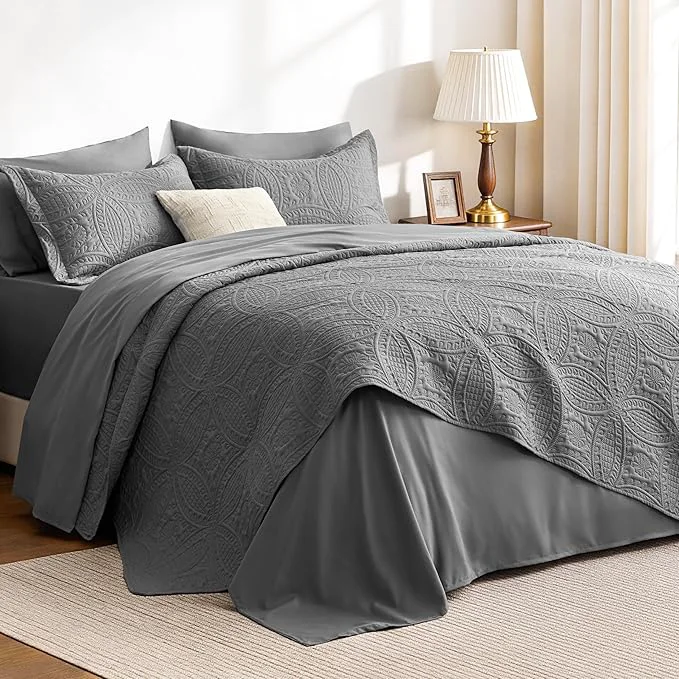 Refined Love 39 s cabin Queen Quilt Set Grey Bed in a Bag Queen Size Bedding 7 Pieces Ultrasonic Embossed Coin Pattern Comforter Lightweight Bedspreads for All Seasons Quilt with Sheets Pillowcases amp Shams Proven