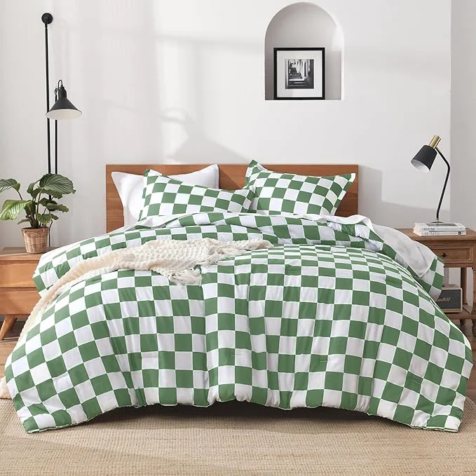 Elite Andency Green Checkered Comforter Full 79x90Inch Plaid Gingham Buffalo Grid Bedding Comforter Sets for Boys Kids Teens 3 Pieces Lightweight Polyester Geometric Preppy Bed Set Minimalist