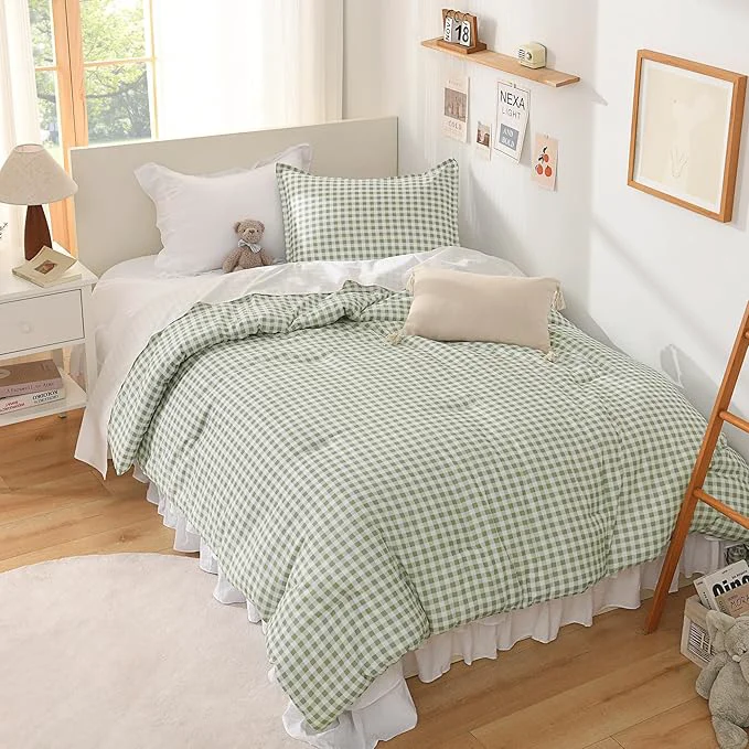 Outstanding Andency Sage Gingham Comforter Set Twin 66x90Inch Green Checkered Grid Plaid Buffalo Bed Set for Girls Boys Kids Teens 2 Pieces Lightweight Polyester Geometric Preppy Bedding Contemporary