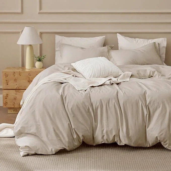 Clean Bedsure Washed Cotton Duvet Cover Oversized King – Oatmeal Minimalist Bedding Set Linen Like – PureWoven Plain Simple amp Soft Comforter Cover for All Seasons Oatmeal Oversized King 120 quot x98 quot Elegant