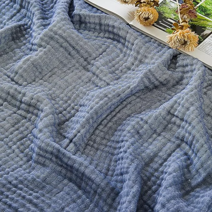 EMME Cotton Muslin King Blanket Bed Layering Bedspread Coverlet Breathable Gauze Soft Lightweight Heather Navy 108 quot x90 quot High-End