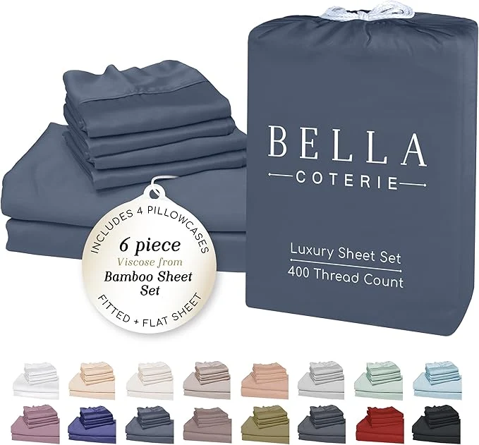 Specialty Bella Coterie 6 Piece Luxury Bamboo Viscose Split Top King Size Sheet Set 34 quot Split for Adjustable Beds Organically Grown Cooling 18 Deep Pocket 4 Pillowcases Slate Blue Expertly Made