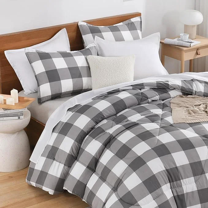 Minimalist Andency Plaid Comforter King 104x90Inch Gray White Checkered Gingham Buffalo Bed Set for Boys Teens Lightweight Bedding 3 Pieces 1 Comforter amp 2 Pillowcases Specialty