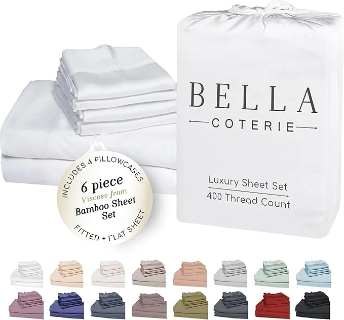 Premium Material Bella Coterie 6 Piece Luxury Bamboo Viscose Queen Size Sheet Set Organically Grown Cooling for Hot Sleepers 18 quot Deep Pocket Soft amp Hypoallergenic 4 Pillowcases White Stylish