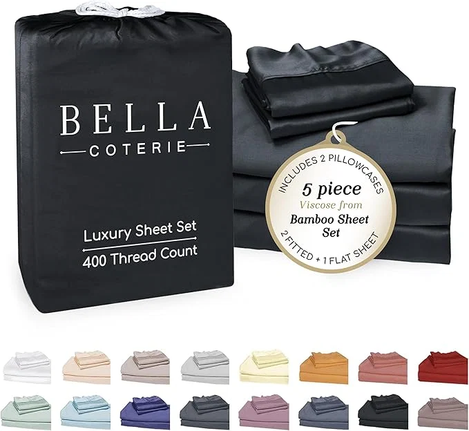Original Design Bella Coterie Luxury Bamboo Viscose Split King Size Sheet Set 2 Fitted Sheets for Sleep Number amp Adjustable Beds Organically Grown Cooling amp Ultra Soft 18 Deep Pocket Black High-Performance