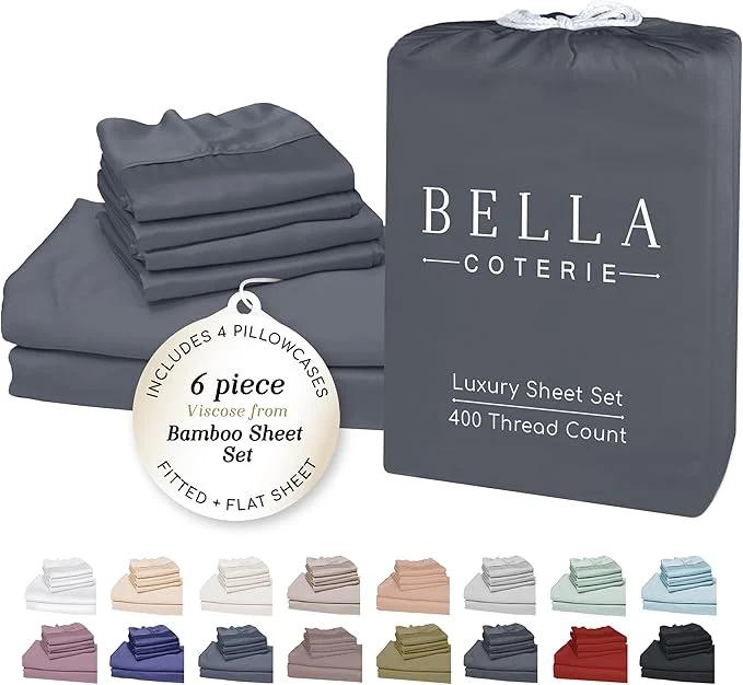 Expertly Made Bella Coterie 6 Piece Luxury Bamboo Viscose King Size Sheet Set Organically Grown Cooling for Hot Sleepers 18 quot Deep Pocket Soft amp Hypoallergenic 4 Pillowcases Charcoal Grey Modern