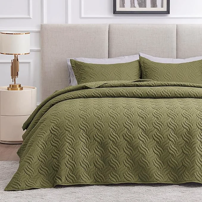 Next-Generation Love 39 s cabin Quilts for Queen Bed Olive Green Bedspreads Bedding Set – Summer Lightweight Bedspread Comforter – Wave Pattern Bedding Coverlet for All Season – 3 Pieces 1 Quilt 2 Pillow Shams Healthy