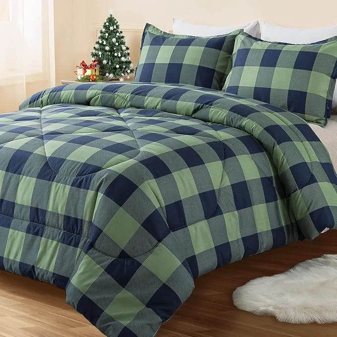 Detailed Andency Green Plaid Comforter King 104x90Inch 3 Pieces 1 Comforter 2 Pillowcases Buffalo Checkered Gingham Bed Set Soft Geometric Bedding for Boys Unique