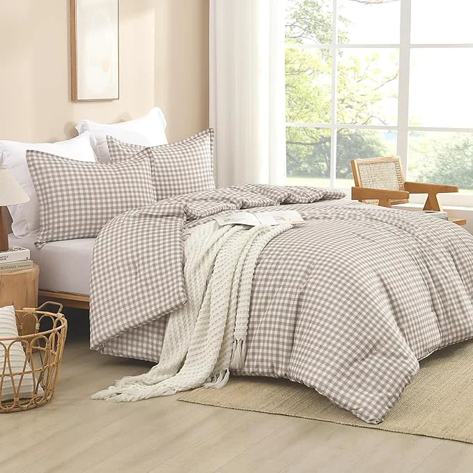 Traditional Andency Tan Gingham Comforter Set Queen 90x90Inch Brown Checkered Grid Plaid Buffalo Bed Set for Girls Boys Kids Teens 3 Pieces Lightweight Polyester Geometric Preppy Bedding Practical