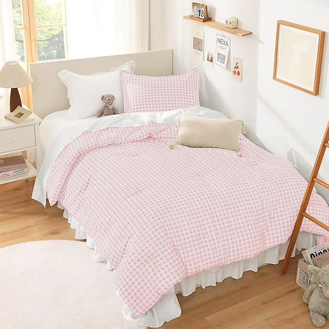 Convenient Andency Pink Gingham Comforter Set Full 79x90Inch Blush Checkered Grid Plaid Buffalo Bed Set for Girls Boys Kids Teens 3 Pieces Lightweight Polyester Geometric Preppy Bedding First-Class