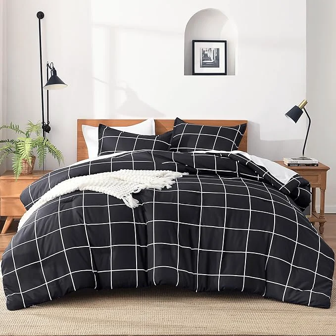 Recyclable Andency Black Grid Comforter Set King 104x90Inch 3 Pieces 1 Plaid Comforter and 2 Pillowcases Black Plaid Comforter Set Lightweight Polyester Gingham Geometric Comforter Bedding Set Consistent