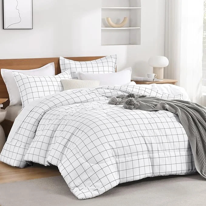 Clean Andency Twin XL Comforter Set 68x92Inch White Gingham Plaid Grid Checkered Bed Comforter Set for Dorm Boys Girls Kids Teens 2 Pieces Lightweight Polyester Geometric Bedding Set Trusted
