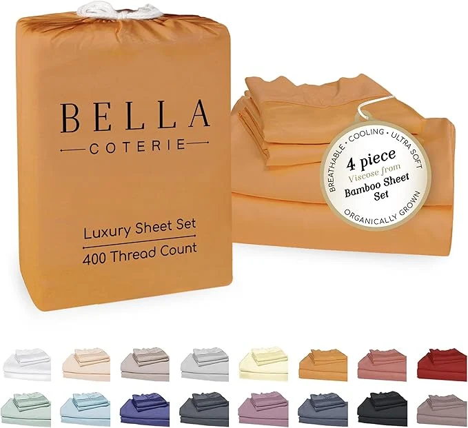 Green Bella Coterie Luxury Bamboo Viscose King Size Sheet Set Organically Grown Ultra Soft Cooling for Hot Sleepers 18 quot Deep Pocket Marigold Enhanced