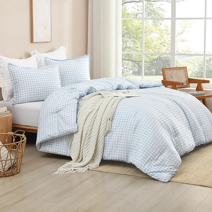 Fine Andency Light Blue Gingham Comforter Set Queen 90x90Inch Checkered Grid Plaid Buffalo Bed Set for Girls Boys Kids Teens 3 Pieces Lightweight Polyester Geometric Preppy Bedding World-Class