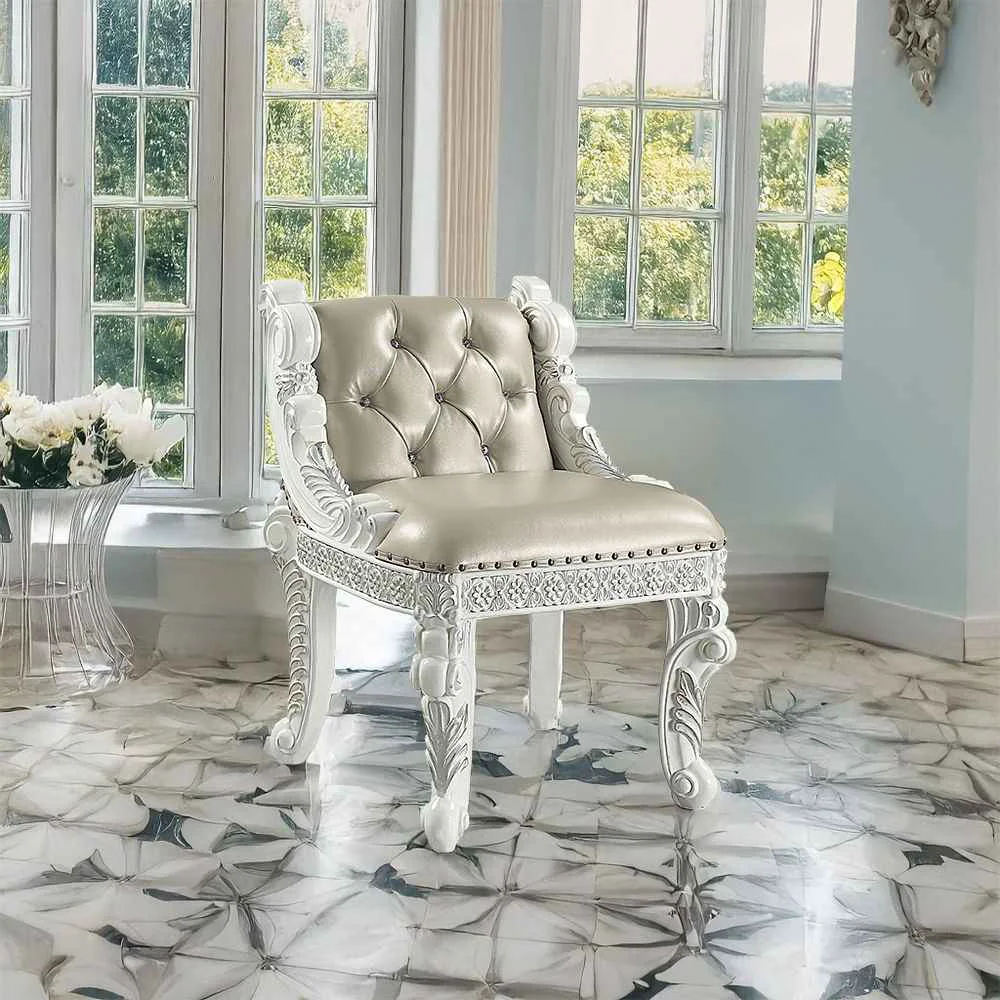Dependable Vanaheim – Vanity Stool – Beige Synthetic Leather amp Antique White Effective