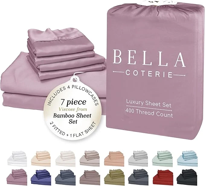 Trusted Bella Coterie 7 Piece Luxury Bamboo Viscose Split King Size Sheet Set 2 Fitted Sheets for Adjustable Beds Organically Grown Cooling for Hot Sleepers 4 Pillowcases Lilac Artisan