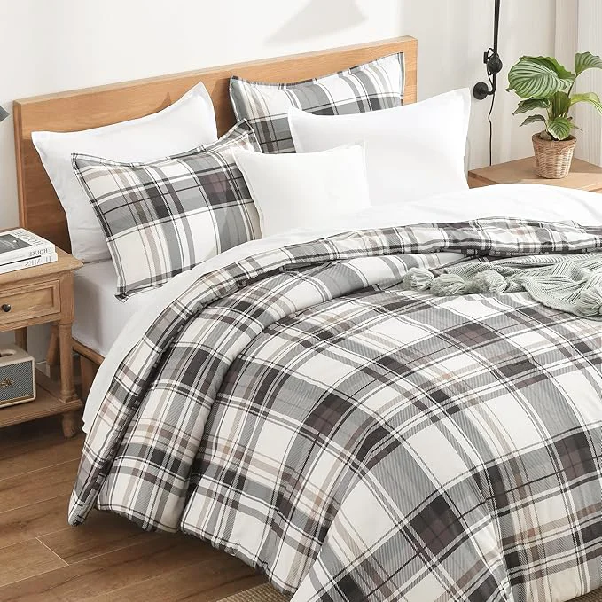 Stylish Andency Gray Brown Black Plaid Comforter Set Twin 66×90 Inch 2 Pieces Grid Gingham Stripes Bedding Comforter Sets for Boys Girls Kids Teens Preppy Geometric Line Soft Lightweight Reversible Bed Set Top-Quality