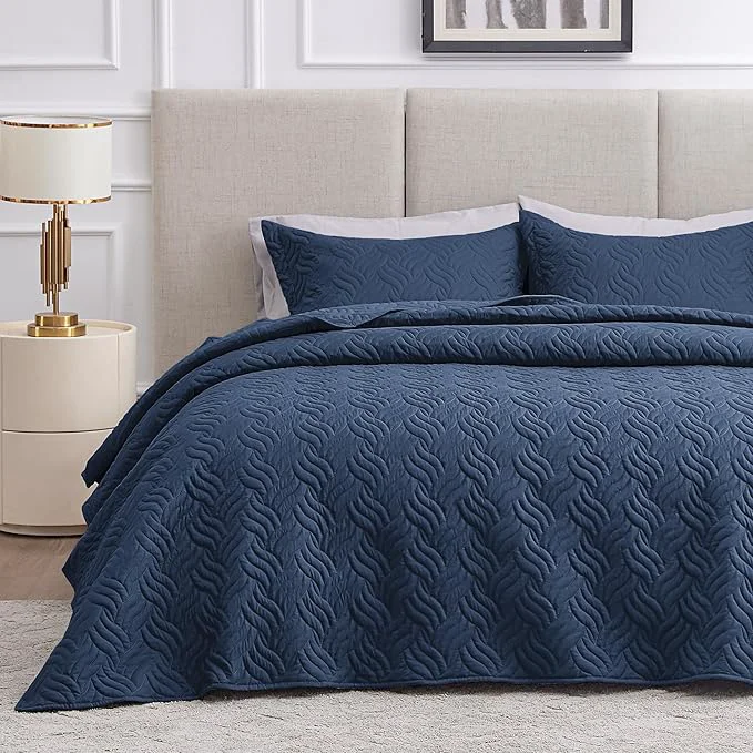 Convenient Love 39 s cabin Quilts for Full Bed Navy Blue Bedspreads Bedding Set – Lightweight Bedspread Comforter – Wave Pattern Bedding Coverlet for All Season – 3 Pieces 1 Quilt 2 Pillow Shams Flexible