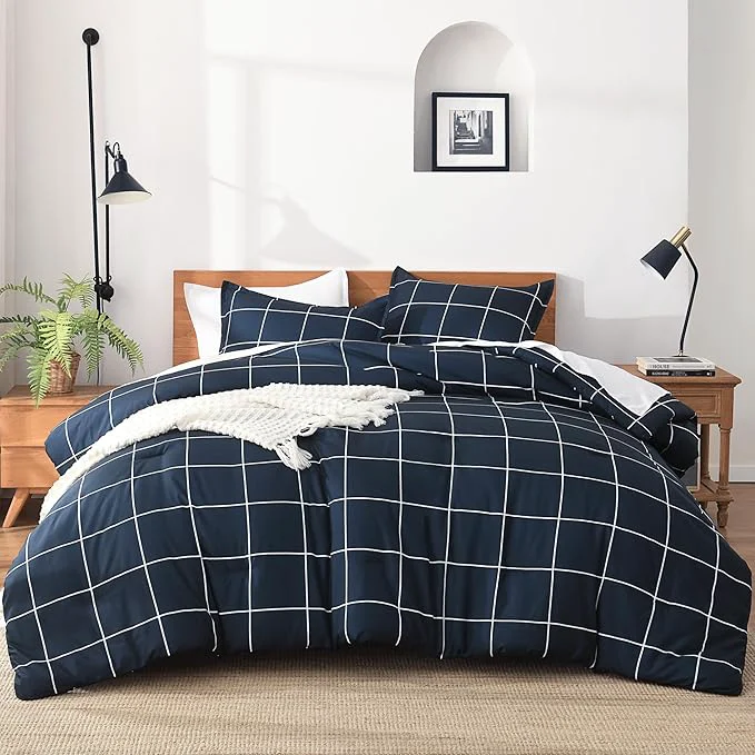Premium Andency Navy Plaid Comforter Full 79x90Inch Dark Blue Grid Gingham Buffalo Plaid Bed Set for Boys Kids Teens 3 Pieces Lightweight Polyester Geometric Preppy Bedding Refined