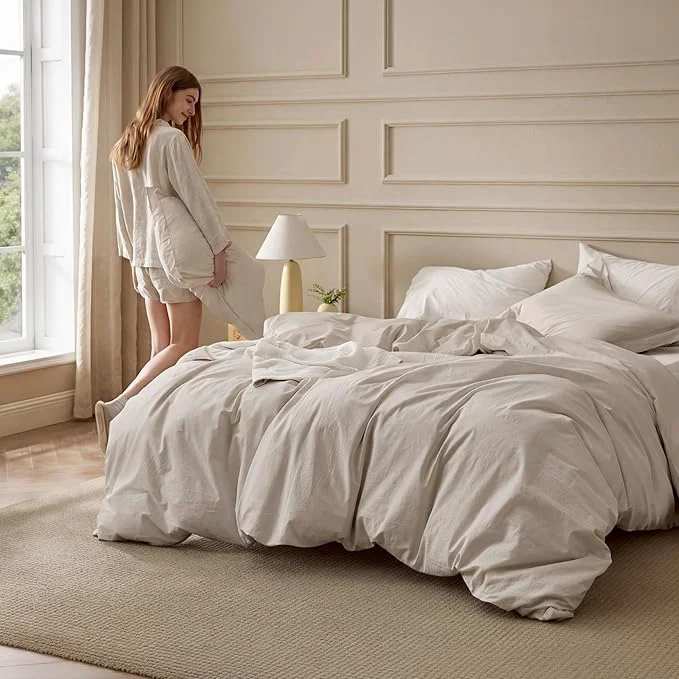 World-Class Bedsure Washed Cotton Duvet Cover Queen Size – Linen Color Minimalist Bedding Set Linen Like – PureWoven Plain Simple amp Soft Comforter Cover for All Seasons Queen 90 quot x90 quot Relaxed