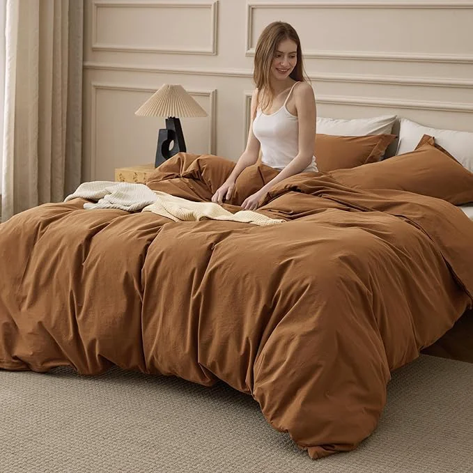 Carefully Designed Bedsure Washed Cotton Duvet Cover King Size – Hazelnut Brown Minimalist Bedding Set Linen Like – PureWoven Plain Simple amp Soft Comforter Cover for All Seasons Hazelnut Brown King 104 quot x90 quot High-Quality
