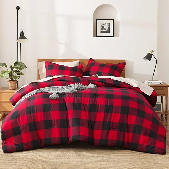 Durable Andency Red and Black Plaid Comforter Set Queen 90x90Inch 3 Pieces Buffalo Plaid Checkered Gingham Bedding Comforter Sets Soft Burgundy Lightweight Geometric Down Bed Set Modern